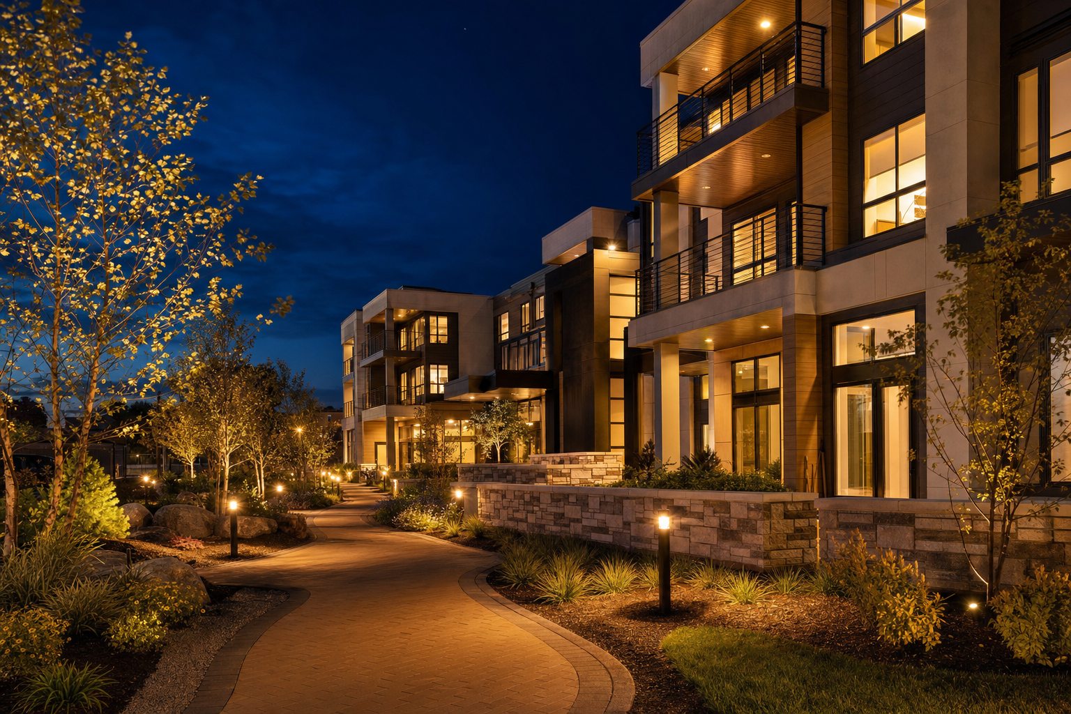 Modern multifamily apartment building at dusk